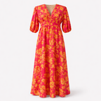 Floral Puff-Sleeve Maxi Dress with a Fitted Waist