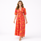 Floral Puff-Sleeve Maxi Dress with a Fitted Waist