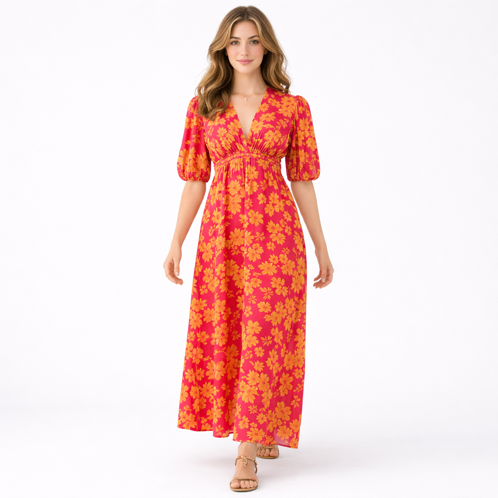 Floral Puff-Sleeve Maxi Dress with a Fitted Waist