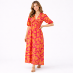 Floral Puff-Sleeve Maxi Dress with a Fitted Waist