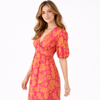 Floral Puff-Sleeve Maxi Dress with a Fitted Waist