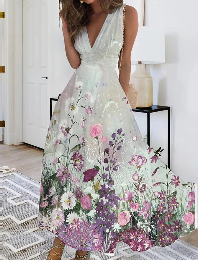 Sleeveless Boho Maxi Dress with V Neckline