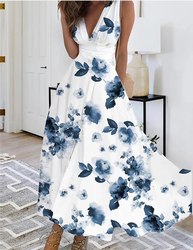 Sleeveless Boho Maxi Dress with V Neckline