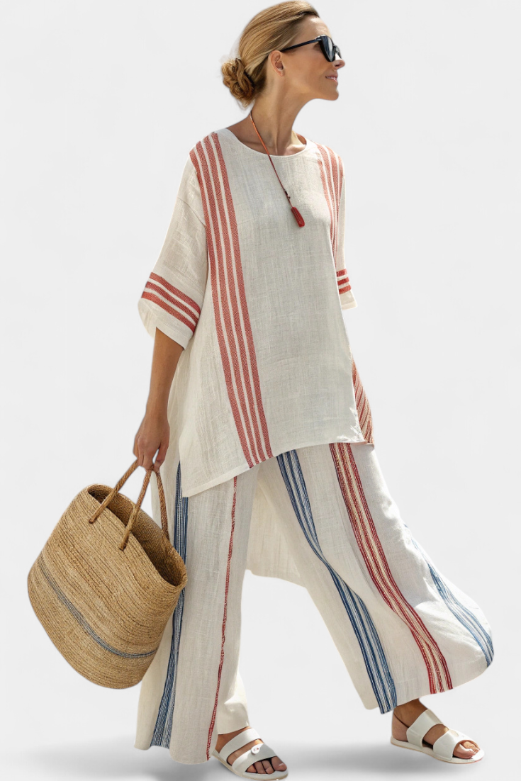 Striped Linen-Look Two Piece Set with Wide-Leg Trousers