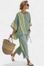 Bamboo Linen Two Piece Set with Striped Trousers