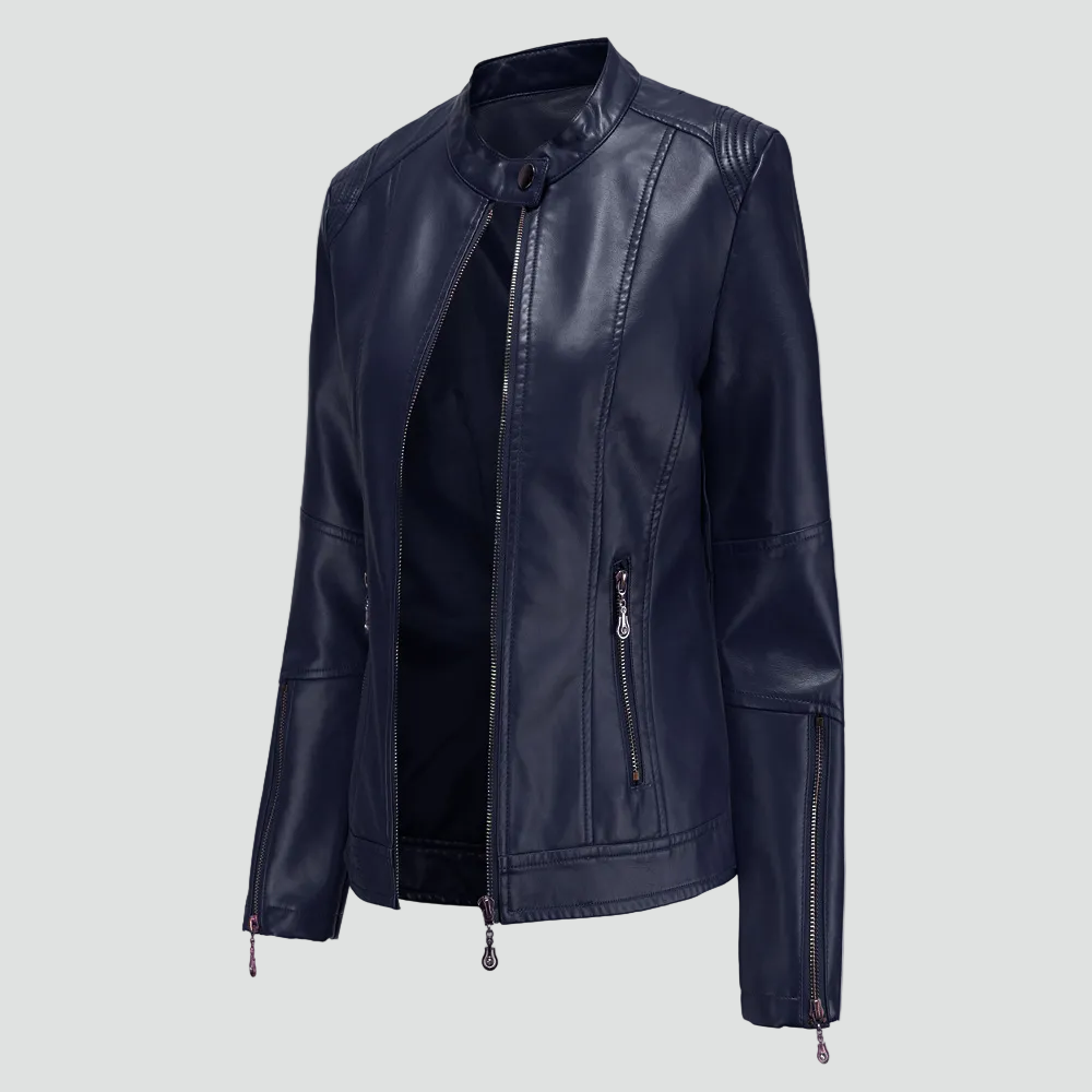 Faux Leather Biker Jacket with Stand Up Collar
