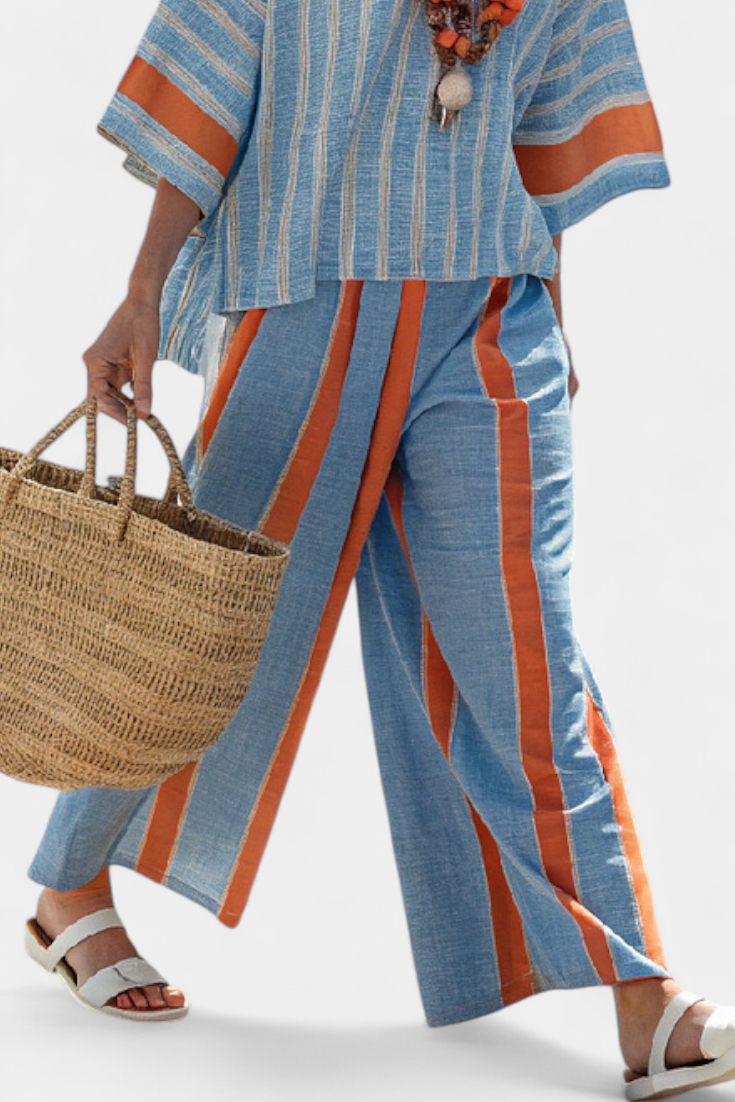 Bamboo Linen Set with Striped Top and Flowing Trousers