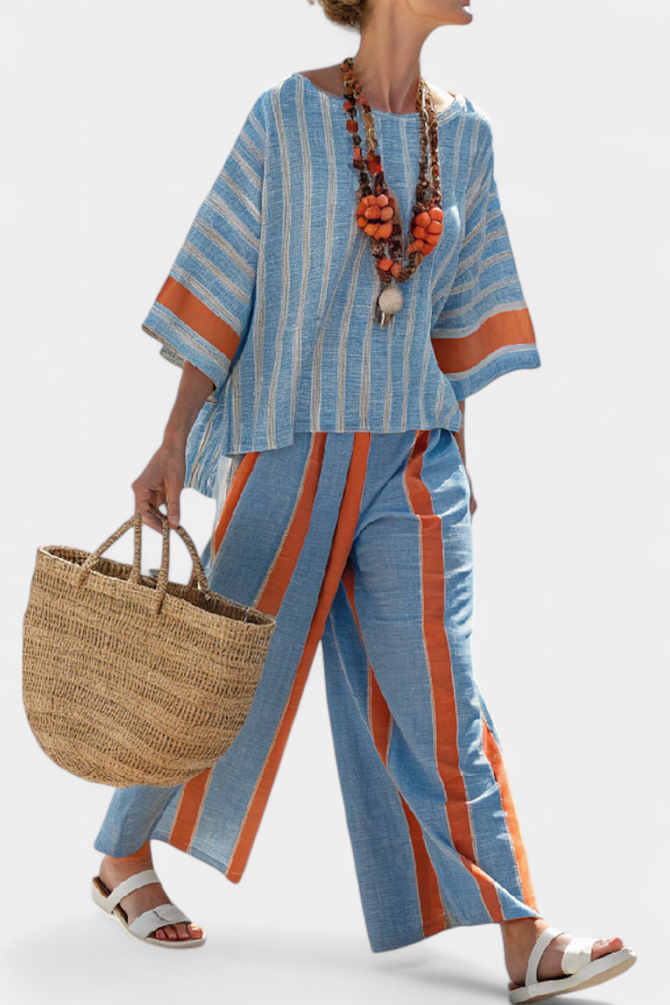 Bamboo Linen Set with Striped Top and Flowing Trousers