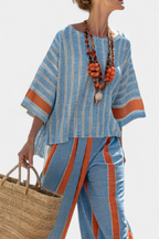 Bamboo Linen Set with Striped Top and Flowing Trousers