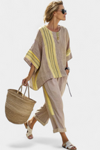 Bamboo Linen Two Piece Set with Striped Trousers