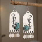 Blue-Green Stone Floral Fringe Earrings in Silver Colour