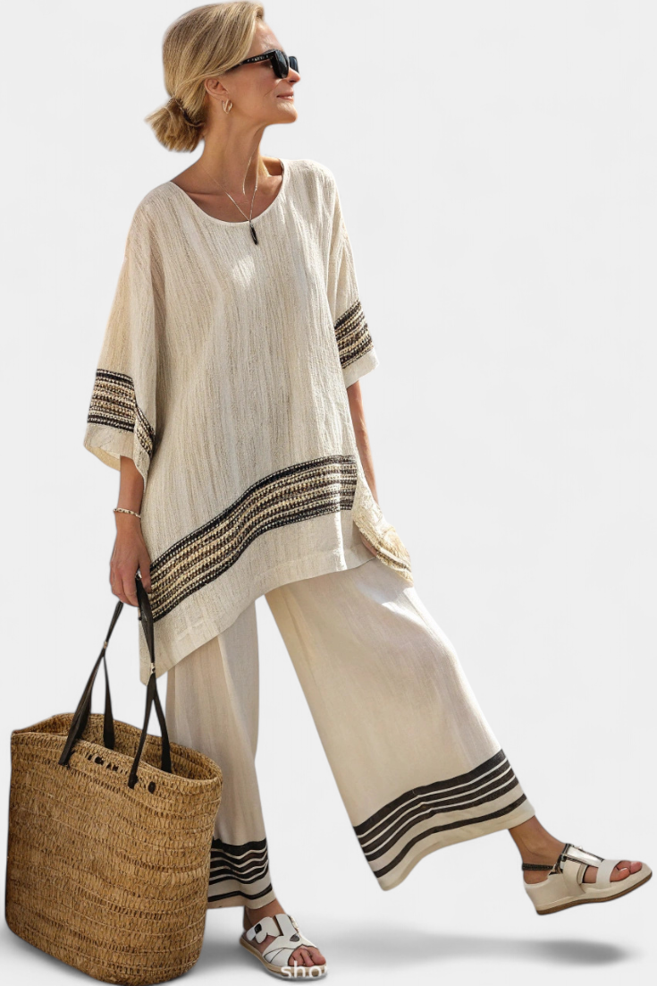 Striped Linen-Look Two Piece Set with Wide-Leg Trousers