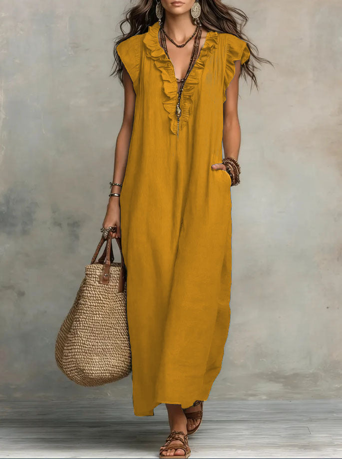 Linen-Cotton Boho Dress with Ruffle Detail and Pockets