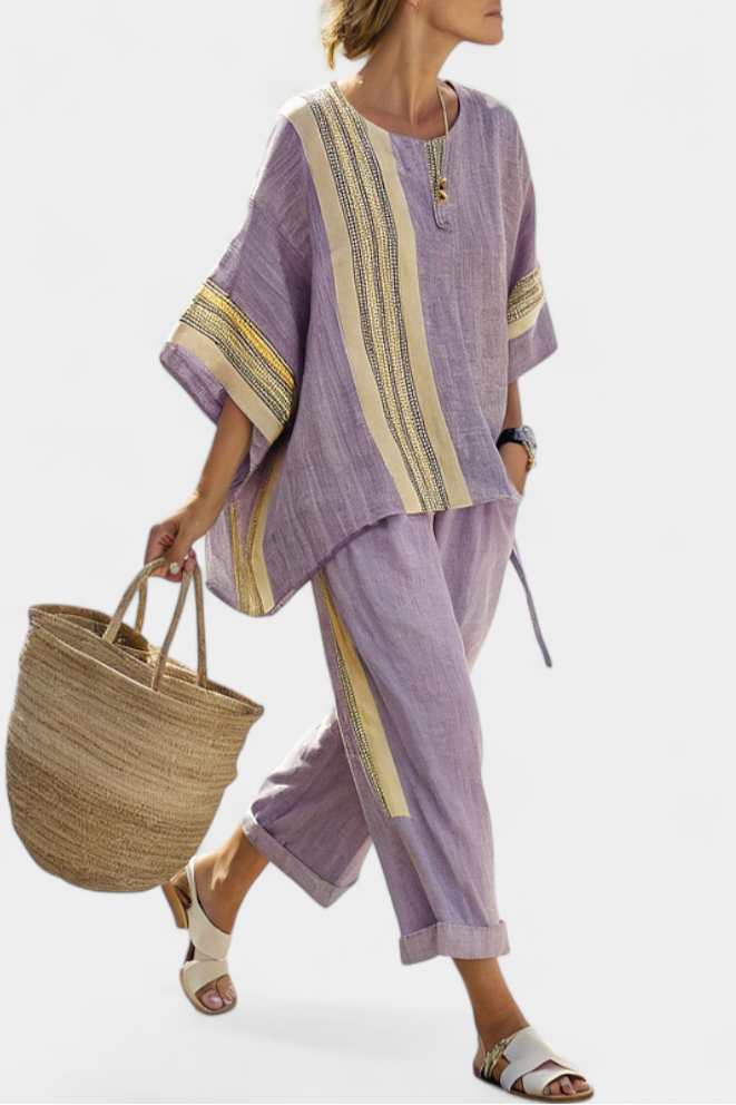 Bamboo Linen Two Piece Set with Striped Trousers