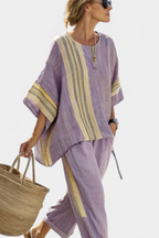 Bamboo Linen Two Piece Set with Striped Trousers