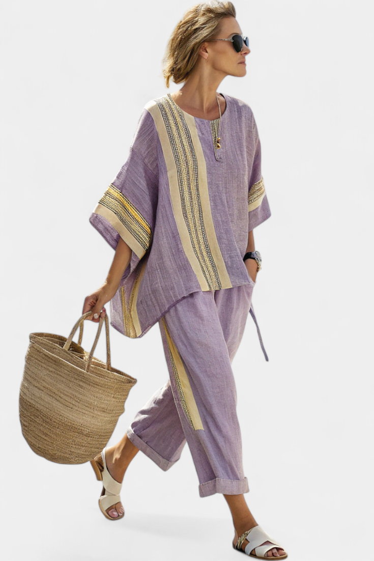 Bamboo Linen Two Piece Set with Striped Trousers