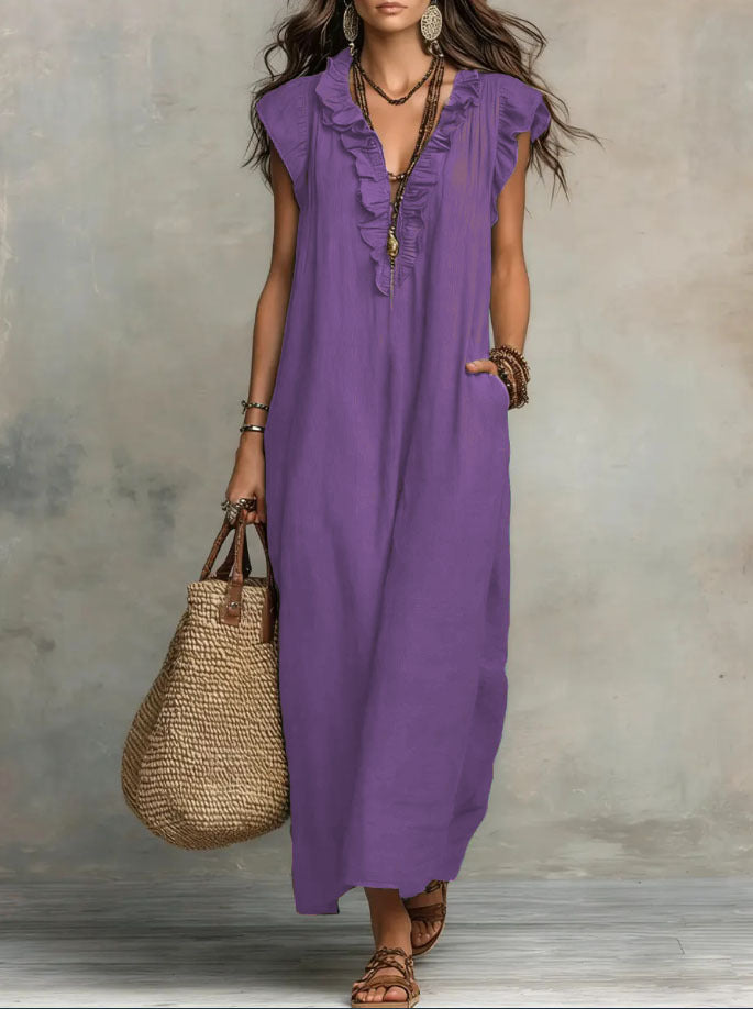 Linen-Cotton Boho Dress with Ruffle Detail and Pockets