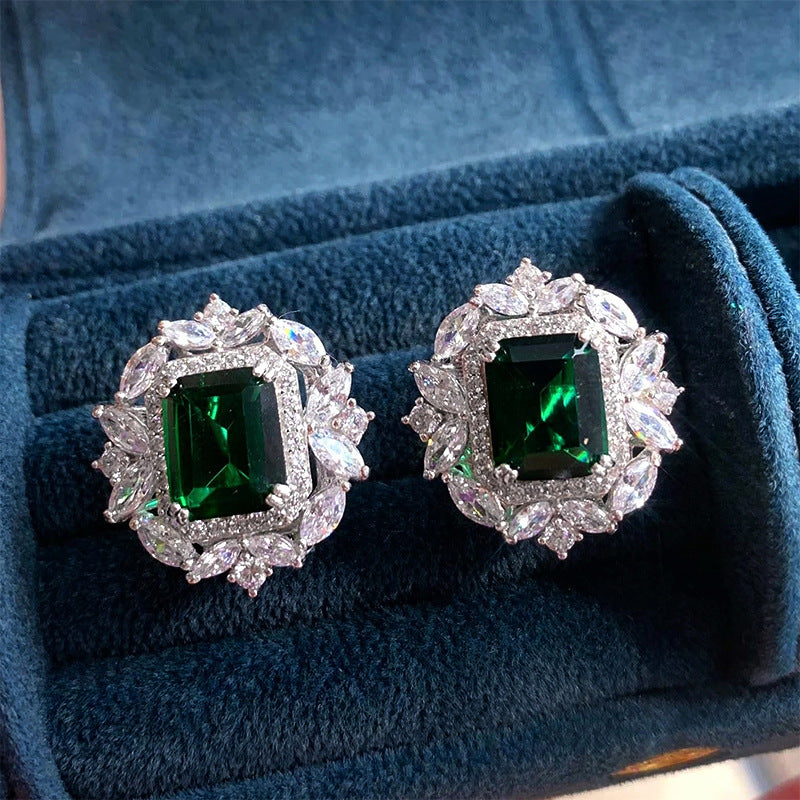 Green Square Stone Halo Stud Earrings with Jewel Tone