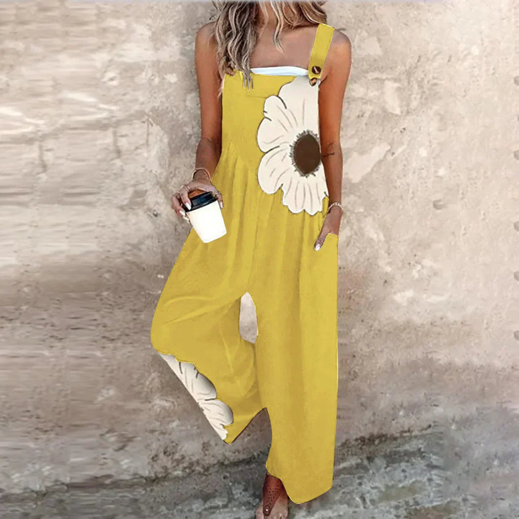 Printed Denim Overalls with Cropped Leg