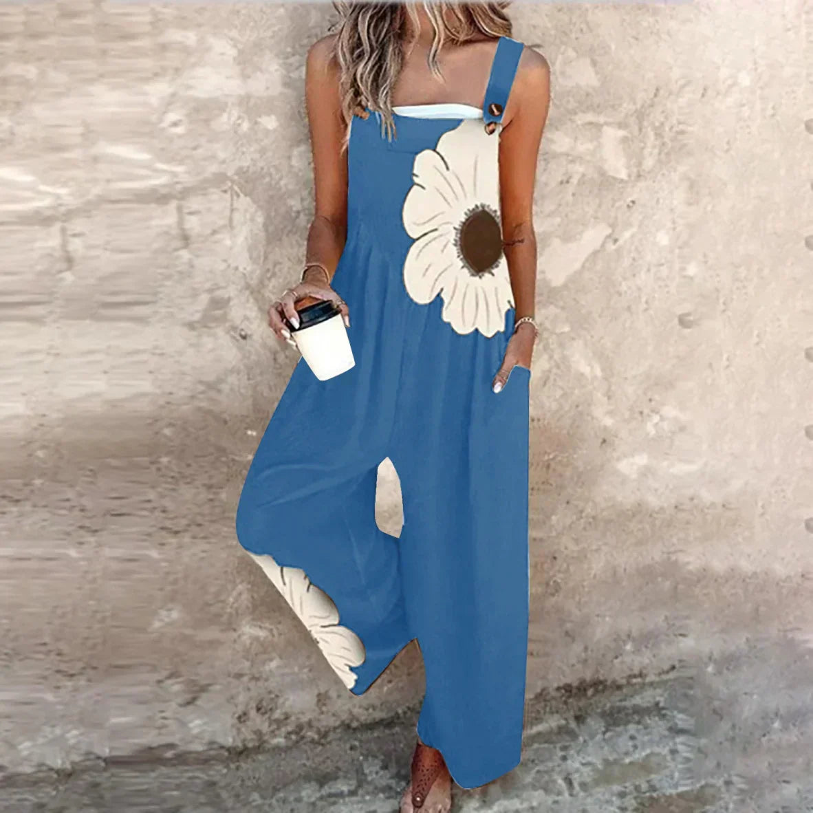 Printed Denim Overalls with Cropped Leg