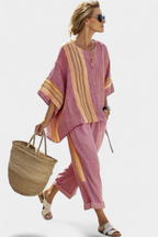 Bamboo Linen Two Piece Set with Striped Trousers