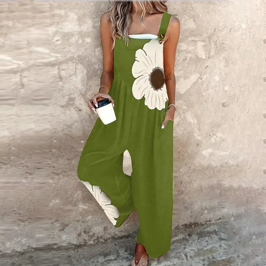 Printed Denim Overalls with Cropped Leg