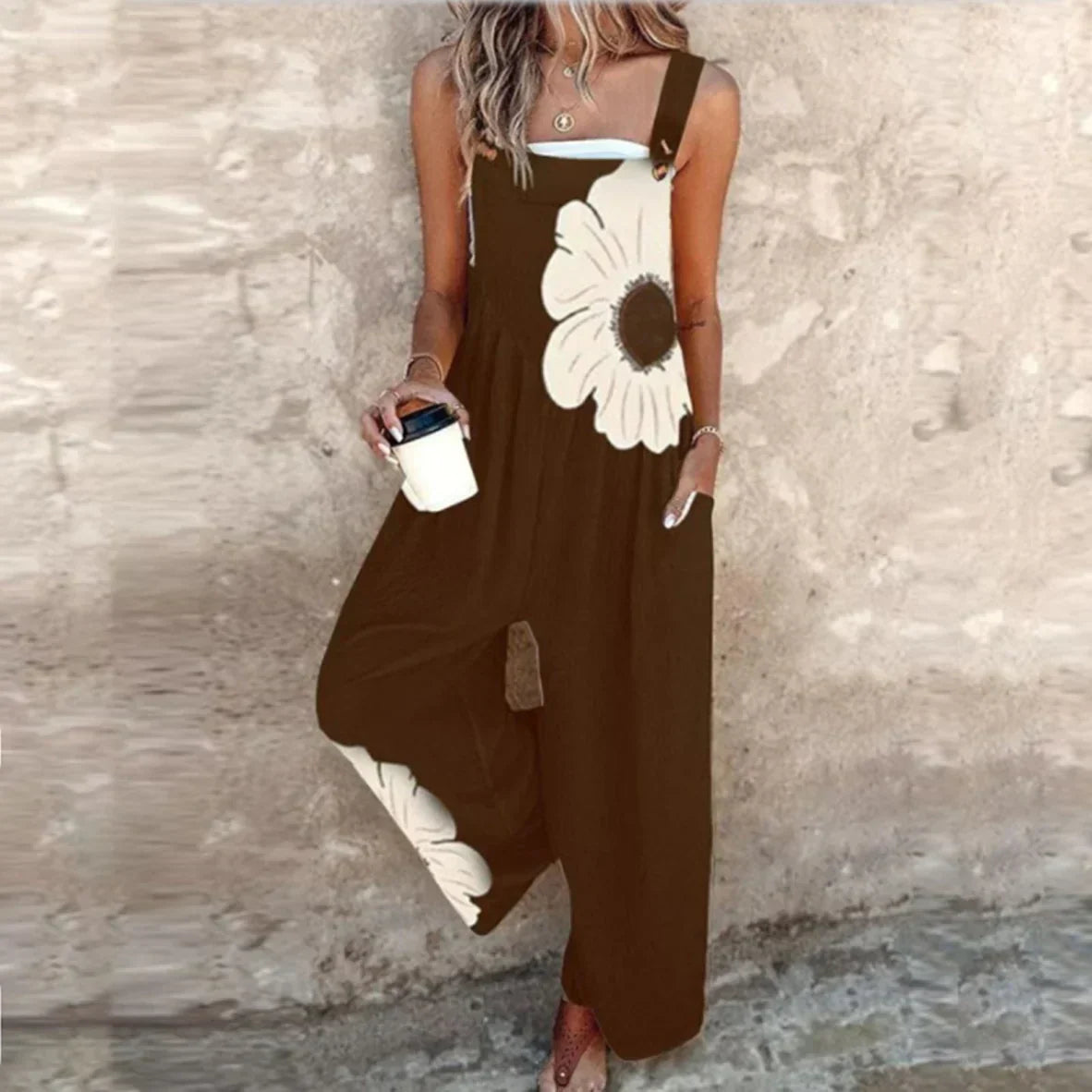 Printed Denim Overalls with Cropped Leg