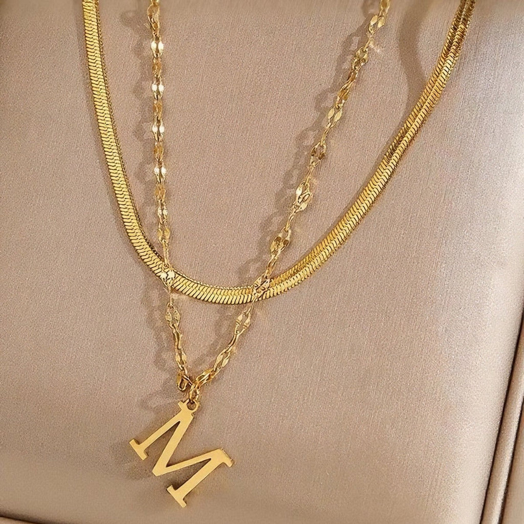 Layered Initial Necklace with Personalised Letter in Gold Colour