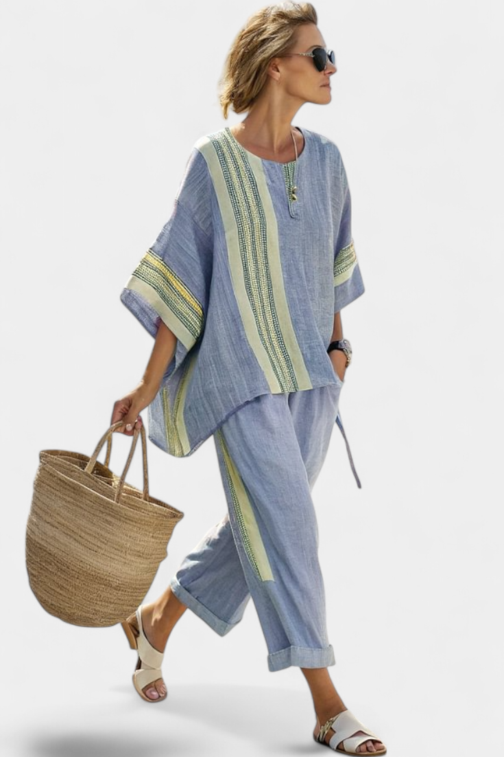 Bamboo Linen Two Piece Set with Striped Trousers