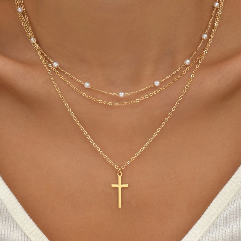 Triple-Layer Faux Pearl Cross Necklace in Gold Colour