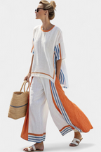 Striped Linen-Look Two Piece Set with Wide-Leg Trousers