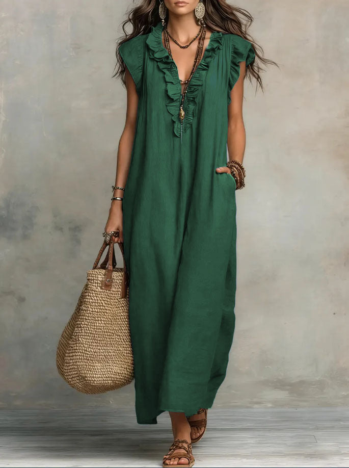 Linen-Cotton Boho Dress with Ruffle Detail and Pockets
