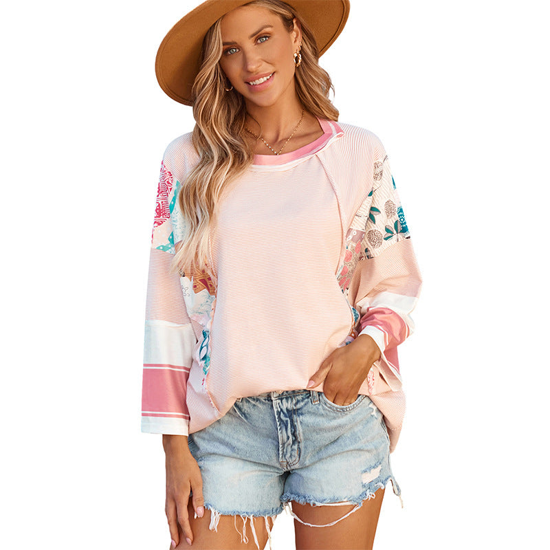 Patchwork Batwing Top with Relaxed Fit