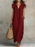 Vestido boho de lino y algodón con detalle de volantes y bolsillos