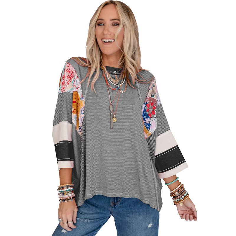 Patchwork Batwing Top with Relaxed Fit