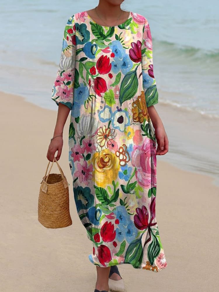 Vestido midi floral sin mangas con escote de pico