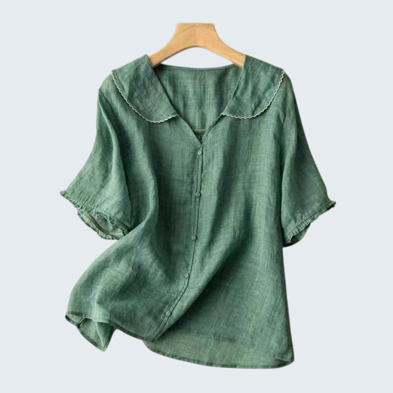 Linen Blouse with Scalloped Collar and Relaxed Fit
