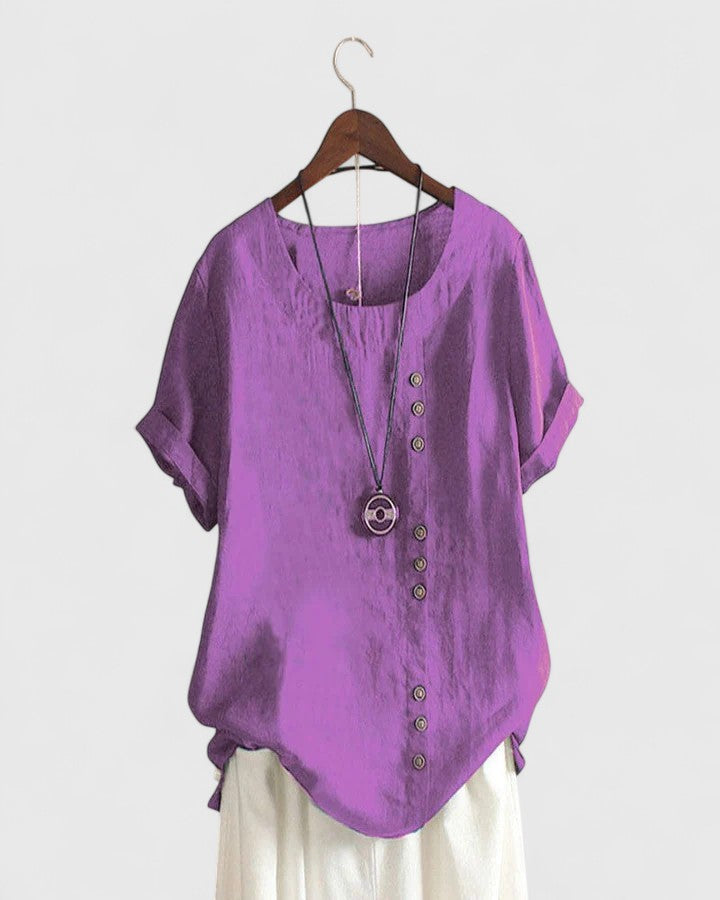 Short Sleeve Button Down Blouse with Round Neckline
