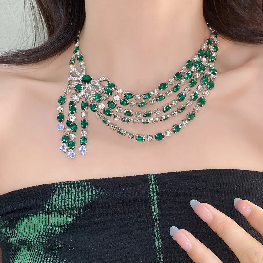Vintage Bow Pendant Necklace with Rhinestones and Green Detail