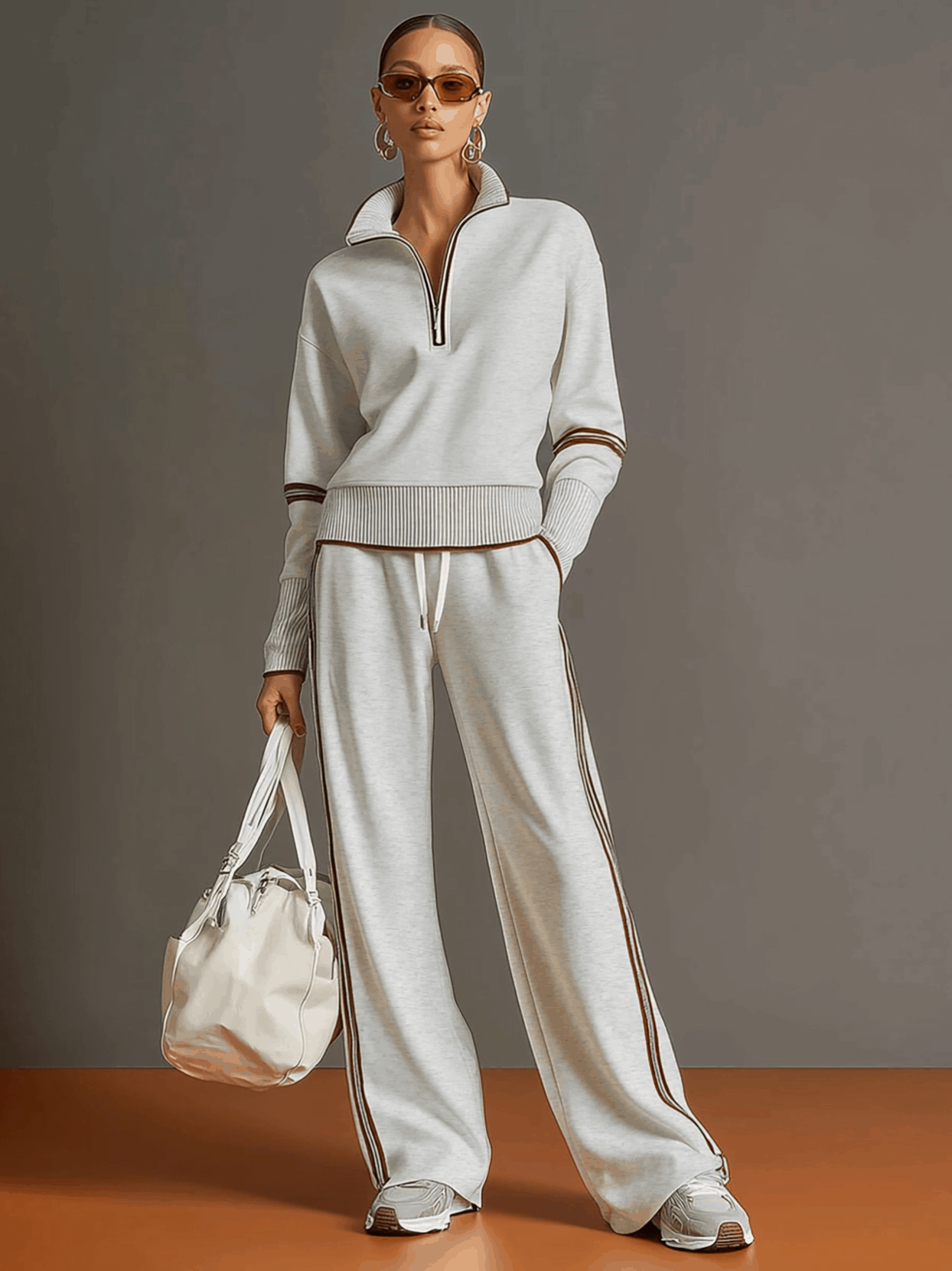 Striped Two Piece Set with Blouse and Wide Leg Trousers