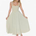Fitted Midi Dress with Wide Straps and Modern Neckline