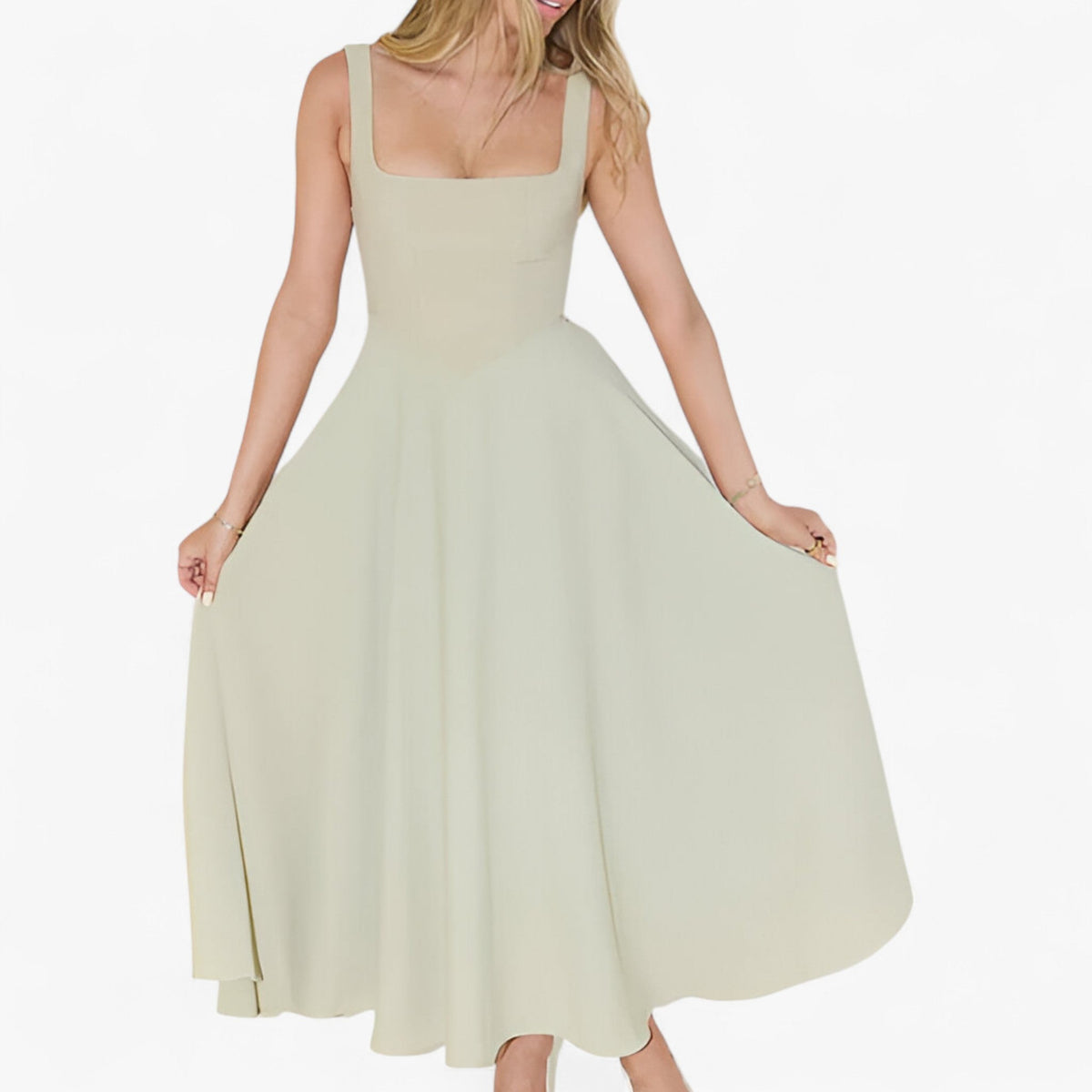 Fitted Midi Dress with Wide Straps and Modern Neckline