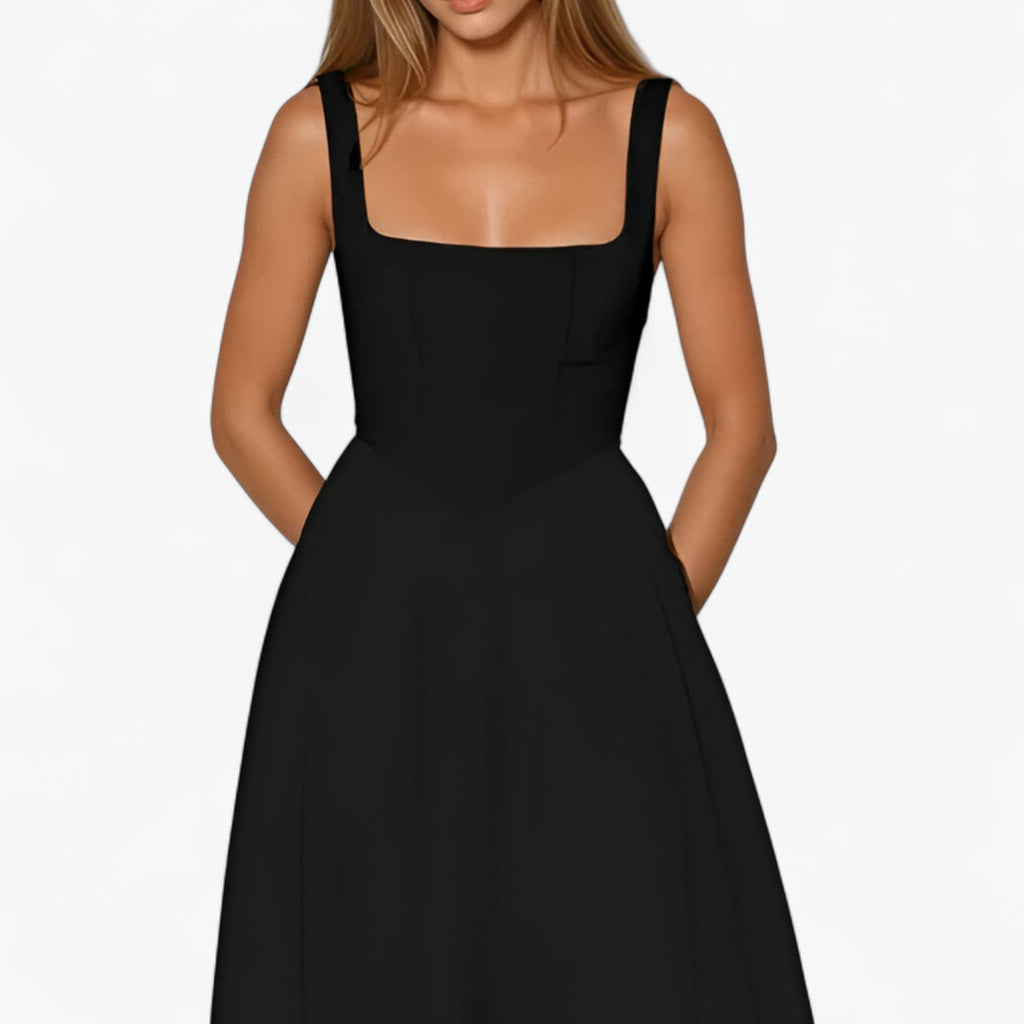 Fitted Midi Dress with Wide Straps and Modern Neckline