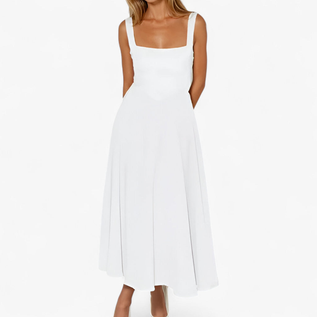 Fitted Midi Dress with Wide Straps and Modern Neckline