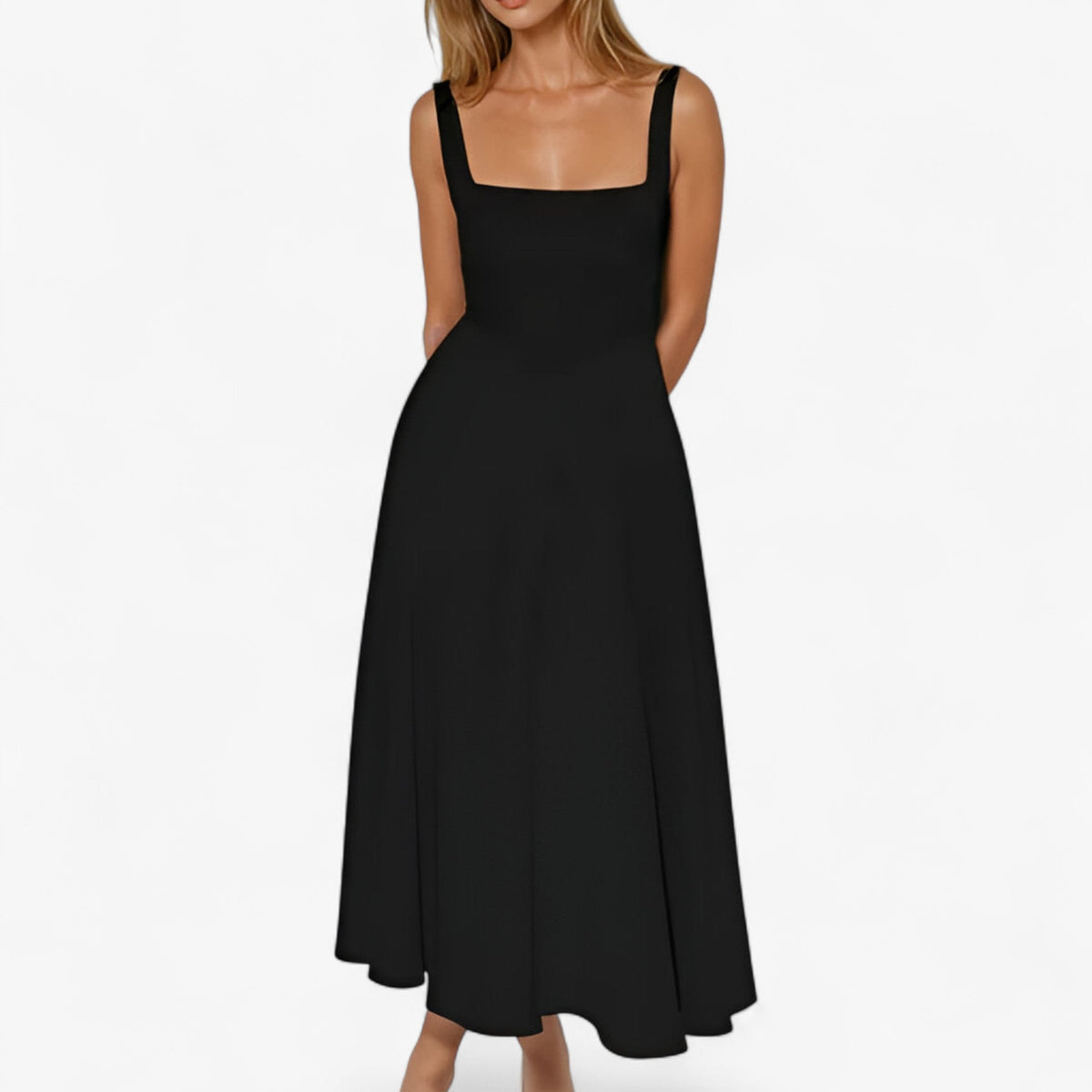 Fitted Midi Dress with Wide Straps and Modern Neckline