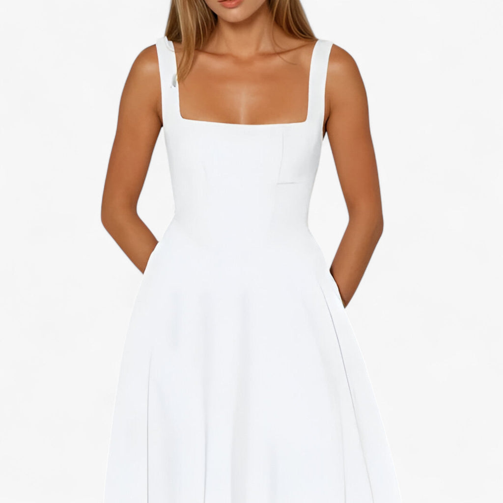 Fitted Midi Dress with Wide Straps and Modern Neckline