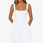 Fitted Midi Dress with Wide Straps and Modern Neckline