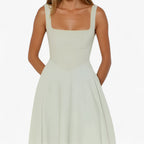 Fitted Midi Dress with Wide Straps and Modern Neckline