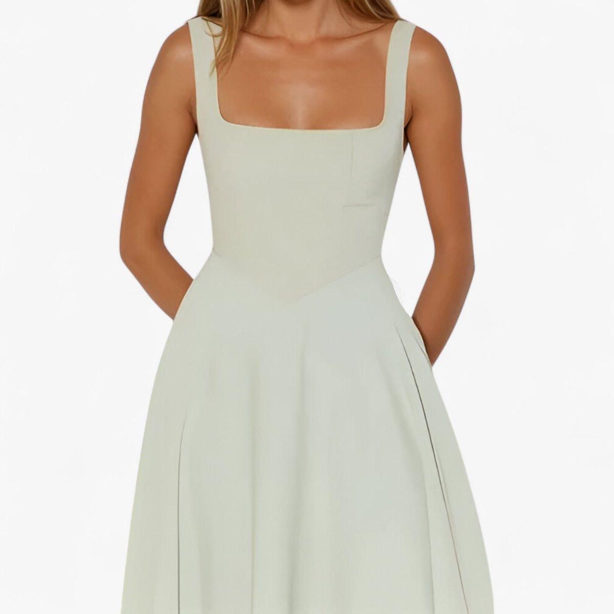 Fitted Midi Dress with Wide Straps and Modern Neckline