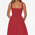Fitted Midi Dress with Wide Straps and Modern Neckline
